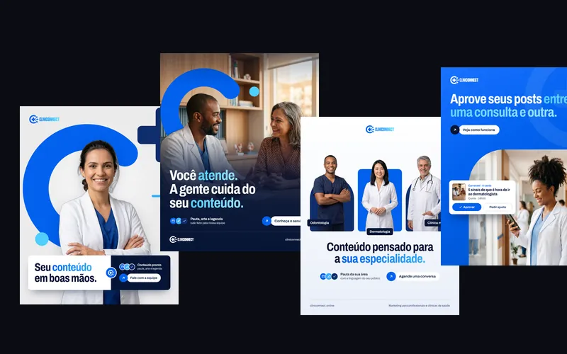 Quatro posts de Instagram produzidos pelo estúdio para o CliniConnect, com profissionais de saúde e títulos em azul